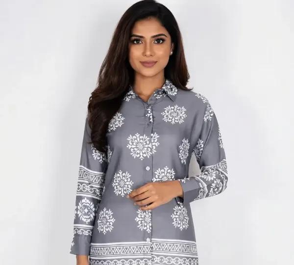 Rayon Floral Printed Shirt Style Top for Women